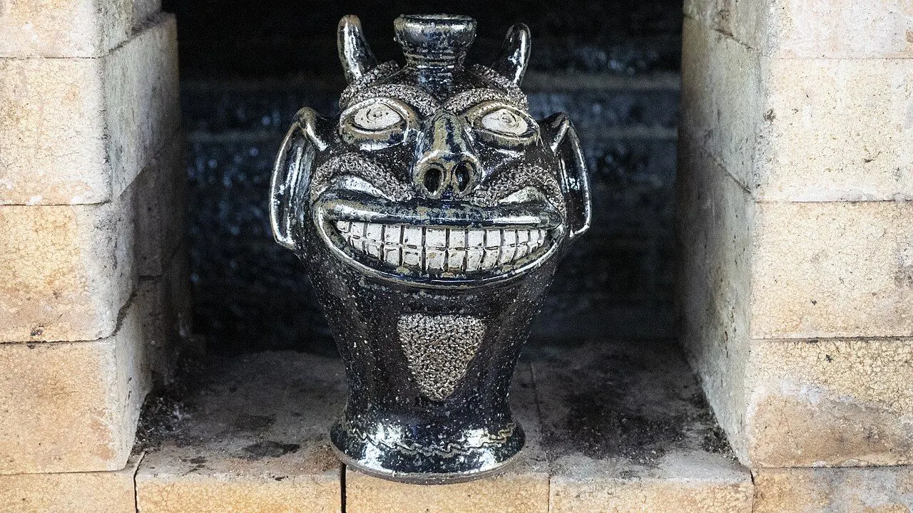 Stoneware face jug with white clay eyes and teeth